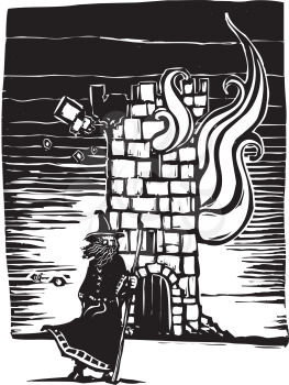 Woodcut style image of a wizard standing in front of burning castle tower.