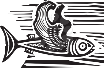 Woodcut style image of a flying fish with feathered wings.