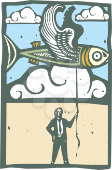 Woodcut style image of a flying fish being held on a string by a man in a business suit.