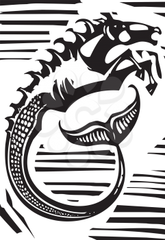 Woodcut style image of Greek mythological seahorse the hippocampus.