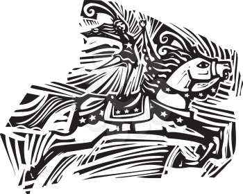 Woodcut style expressionist image of a Circus performer riding a horse.