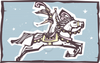 Woodcut style expressionist image of a Circus performer riding a leaping horse