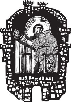 Woodcut style monk transcribing scripture in a walled monastery