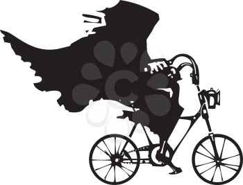 Woodcut styled image of a hooded wraith or death riding a bicycle.