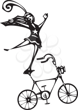 Woodcut style image of a circus performer balanced on a bicycle.