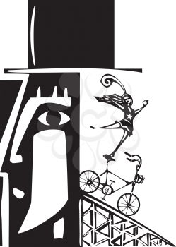 Woodcut style image of a bicycle being ridden out of a man's head.