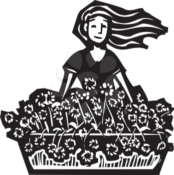 Woodcut style image of a girl selling flowers