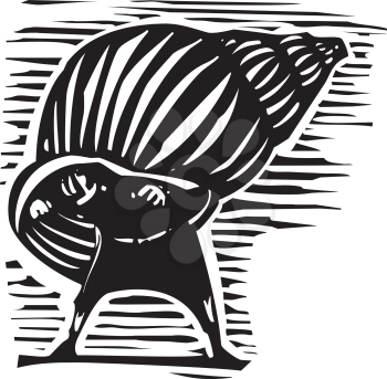 Woodcut style image of a man emerging from a snail shell