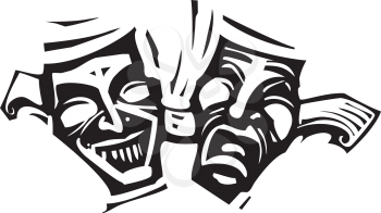 Woodcut style image of the laughing and crying theater image of Janus