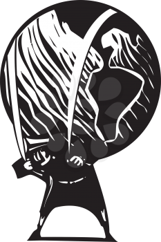 Woodcut style image of a man carrying the world on his shoulders.