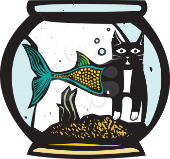 Woodcut style image of a catfish mermaid in a fish bowl