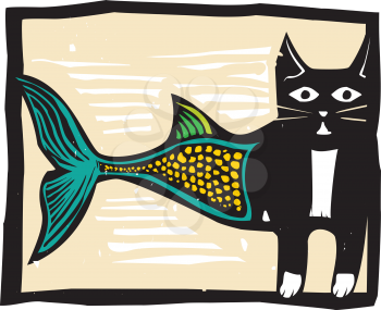 Woodcut style image of a catfish mermaid