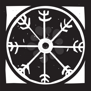 Woodcut style image of the magical Viking wheel symbol