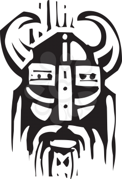 Woodcut expressionist image o a face of a viking warrior