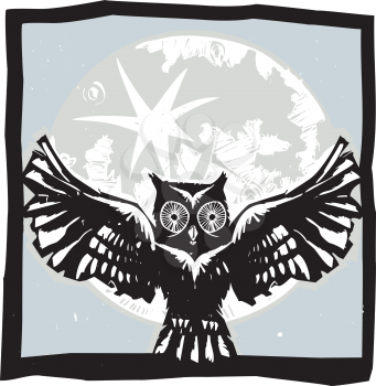 Woodcut flying owl with feathered wings spread in front of a full moon.