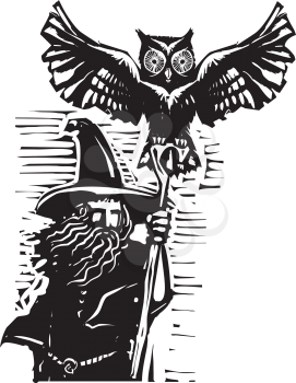 woodcut style image of a wizard holding a staff and an owl familiar.