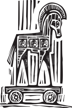 Woodcut style expressionist image of the Greek Trojan Horse