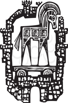 Woodcut style expressionist image of the Greek Trojan Horse inside the walls of the city of Troy.