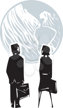 Woodcut style expressionistic image of a business man and woman facing globe the earth