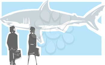 Woodcut style expressionistic image of a business man and woman facing a shark