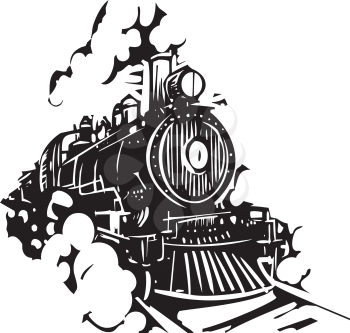 Woodcut style image of a railroad locomotive train coming towards the viewer.