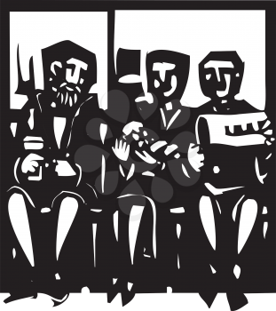 Woodcut style expressionist image of people waiting in a doctor's waiting room