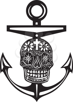 Woodcut style sea anchor with a Mexican Day of the Dead Skull