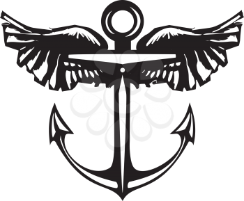 Woodcut style sea anchor with Wings.