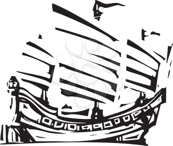 Woodcut style image of chinese sailing ship junk