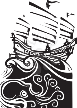 Woodcut style image of chinese sailing ship junk with sea life.