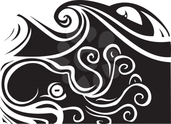 Woodcut style octopus beneath the waves.