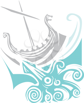 Woodcut style image of a viking longship sailing into the waves