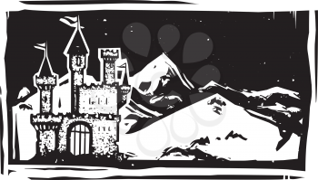 Woodcut style image of a fairy tale castle in snowy mountains.