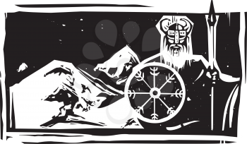 Woodcut style viking with shield guarding snowy Asgard
