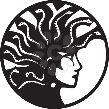 Woodcut style mythical Greek medusa with a Mohawk on circle