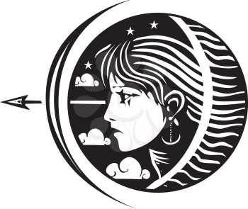 Woodcut style image of a girl with stars clouds at night with Bow and arrow