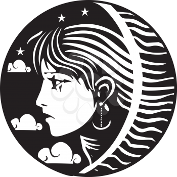 Woodcut style image of a girl with stars clouds at night