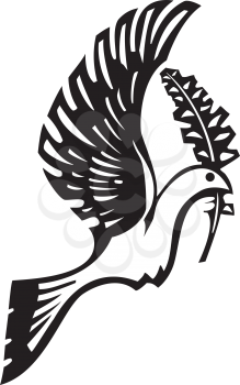 Woodcut style image of a dove of peace flying with an olive branch