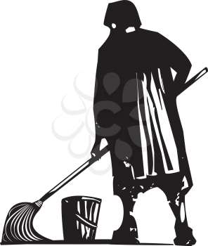 Woodcut style expressionist image of maid or scrub woman mopping the floor.