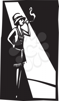 Woodcut syle image of a woman in a flapper dress under a streetlight smoking