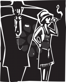 Woodcut syle image of a woman in a flapper dress smoking and a man in a Zoot Suit