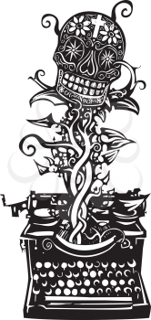 Woodcut style image of a manual typewriter with a skull growing out of it