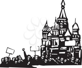 Woodcut style image of a riot or protest in front of the Kremlin in Moscow