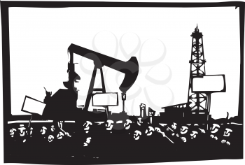 Woodcut style image of a riot or protest in front of an oil drill and pump
