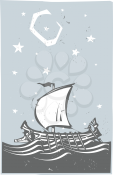 Woodcut style ancient Greek Galley with oars and sail at sea with stars and moon