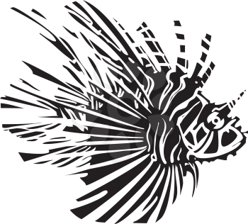 Woodcut style image of a tropical lionfish