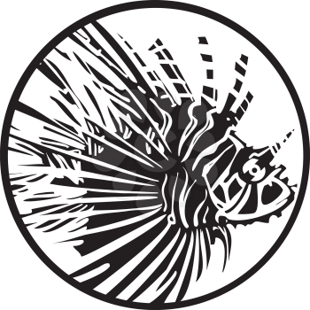 Woodcut style image of a tropical lionfish in a circle.