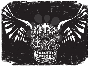Woodcut style image of a Mexican Day of the Dead skull with wings.