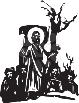 woodcut style expressionist image of Jesus Christ giving a sermon.