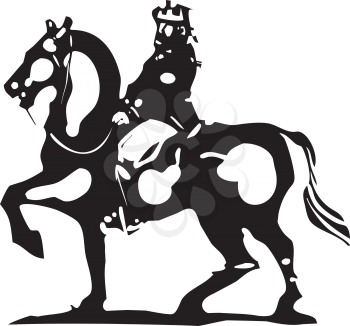 Woodcut style expressionist image of a king mounted on horseback.